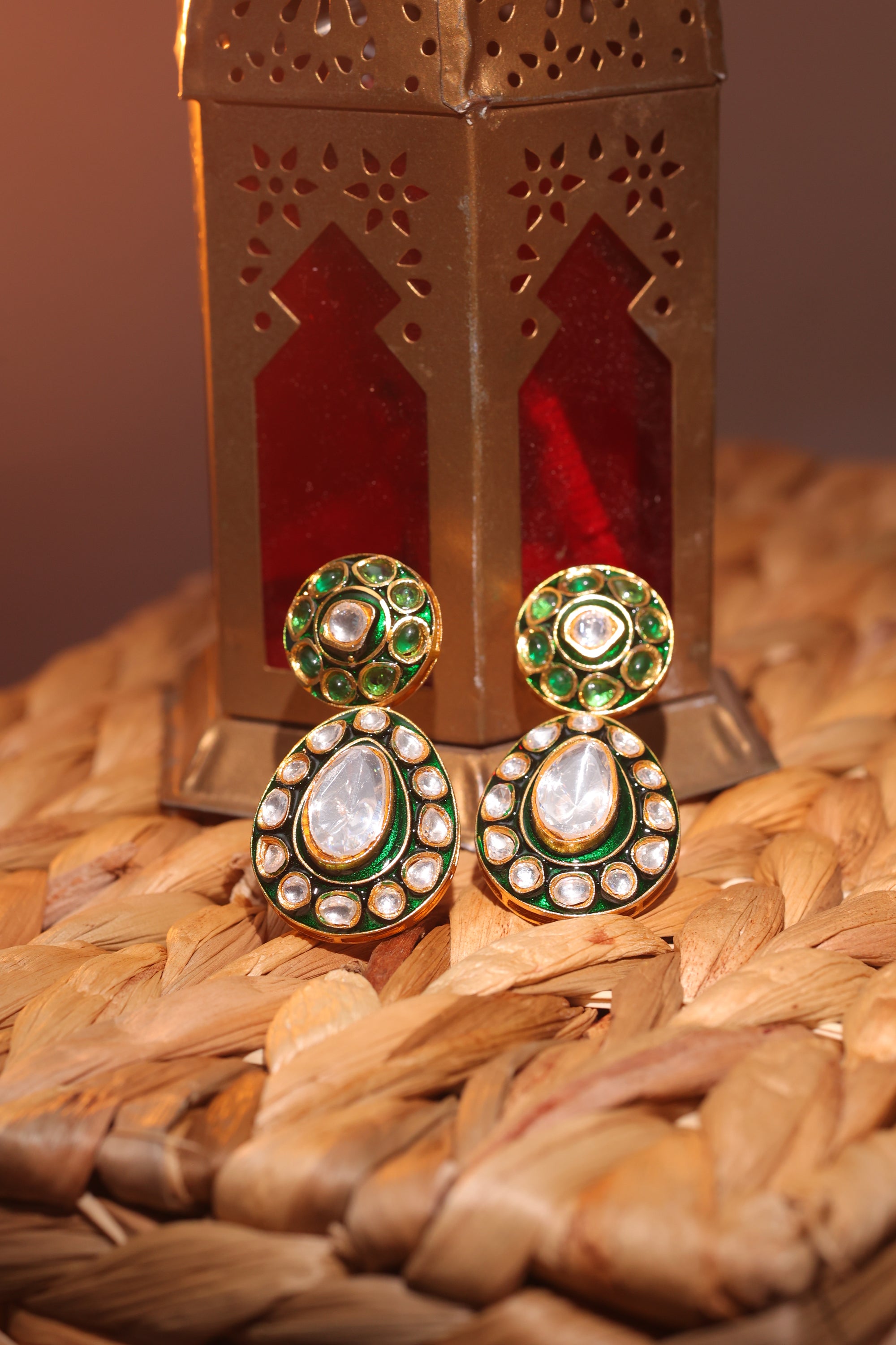 Fareen Meenakari Drop Earrings Emerald