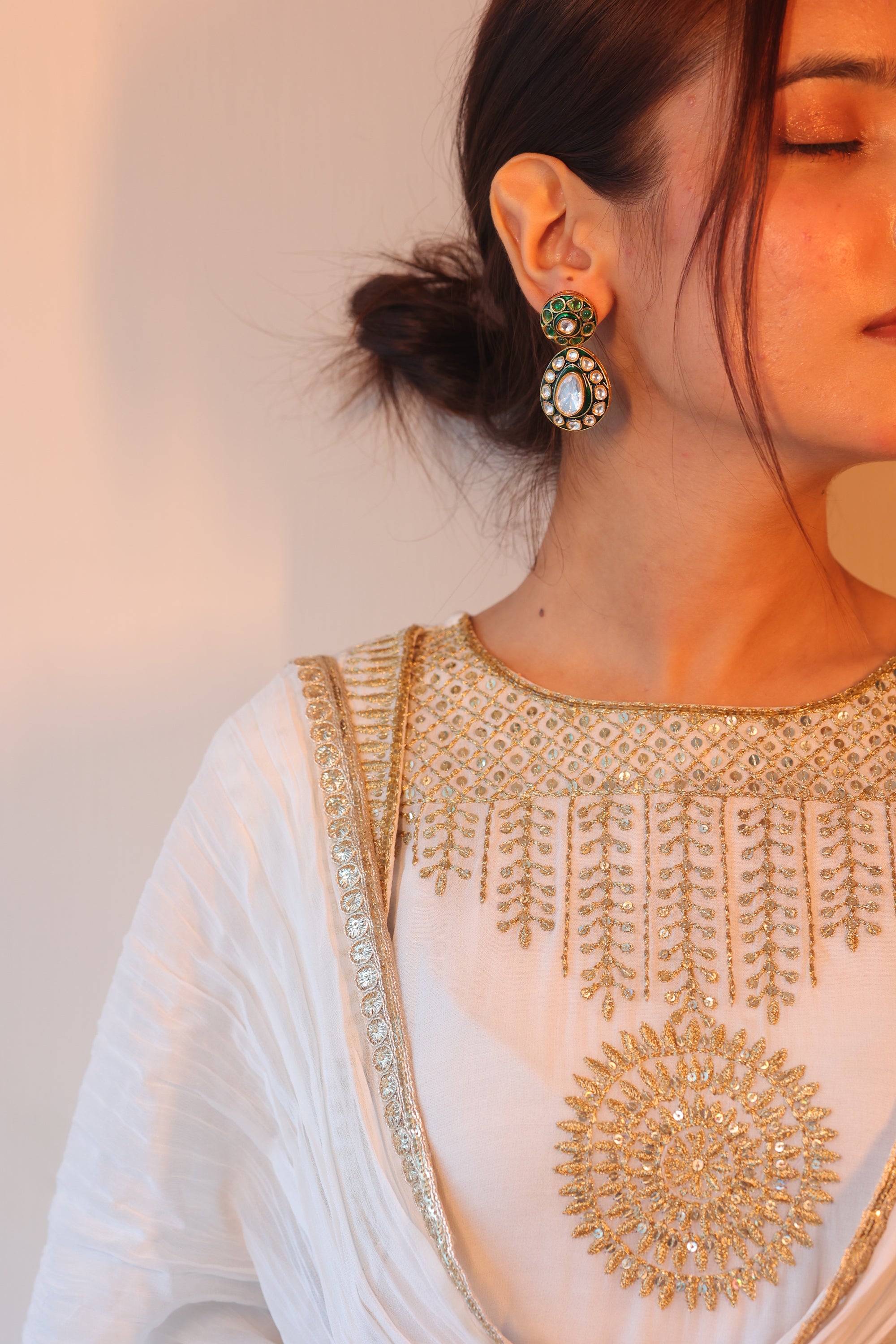 Fareen Meenakari Drop Earrings Emerald