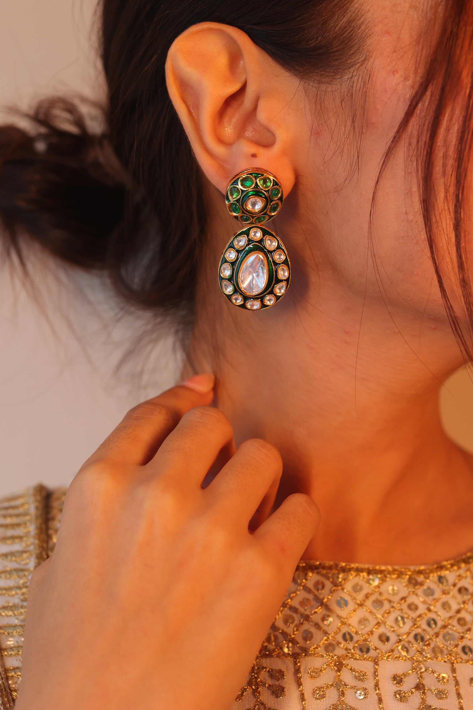 Fareen Meenakari Drop Earrings Emerald