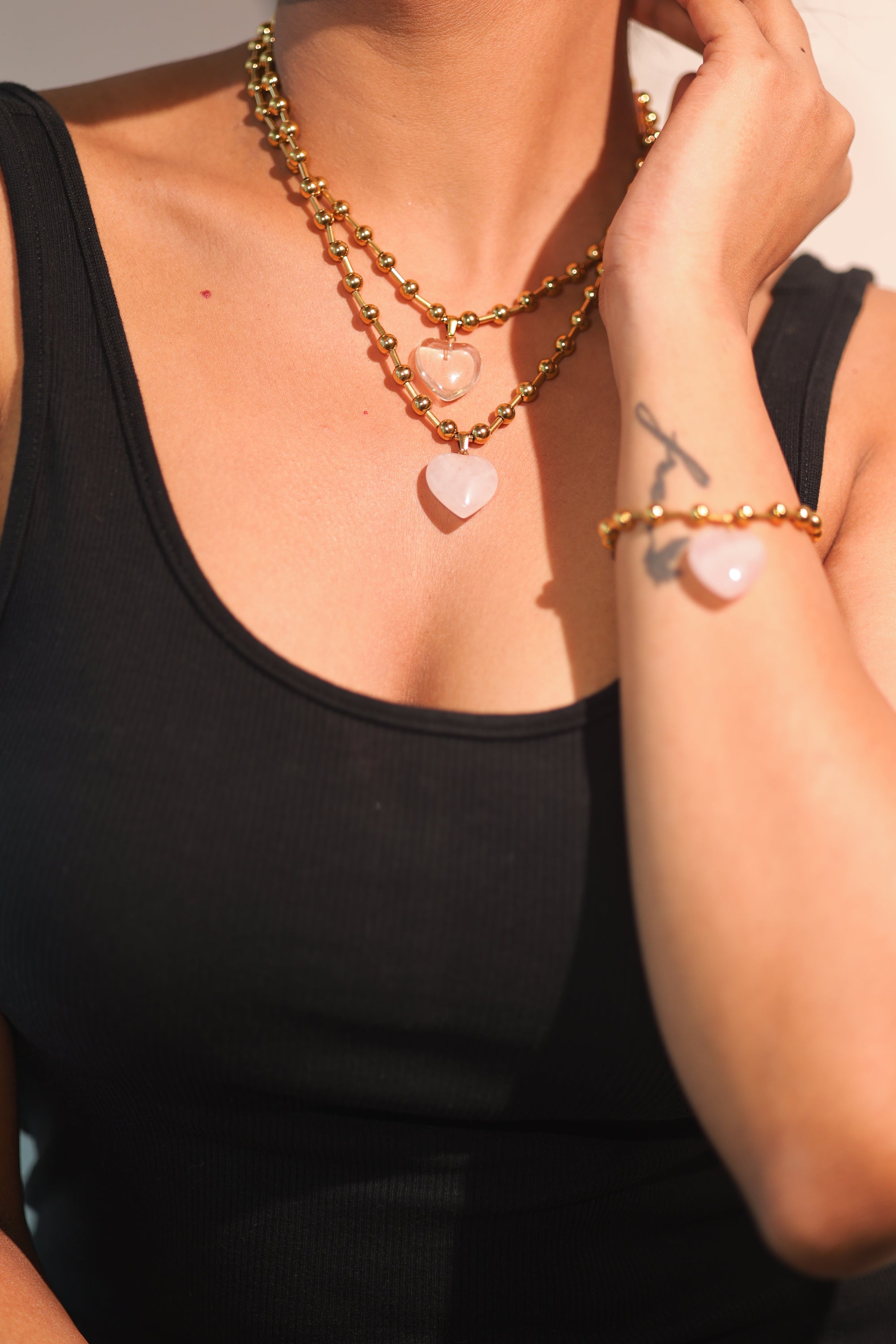 GLASS HEART STONE NECKLACE PINK - LittleJuels