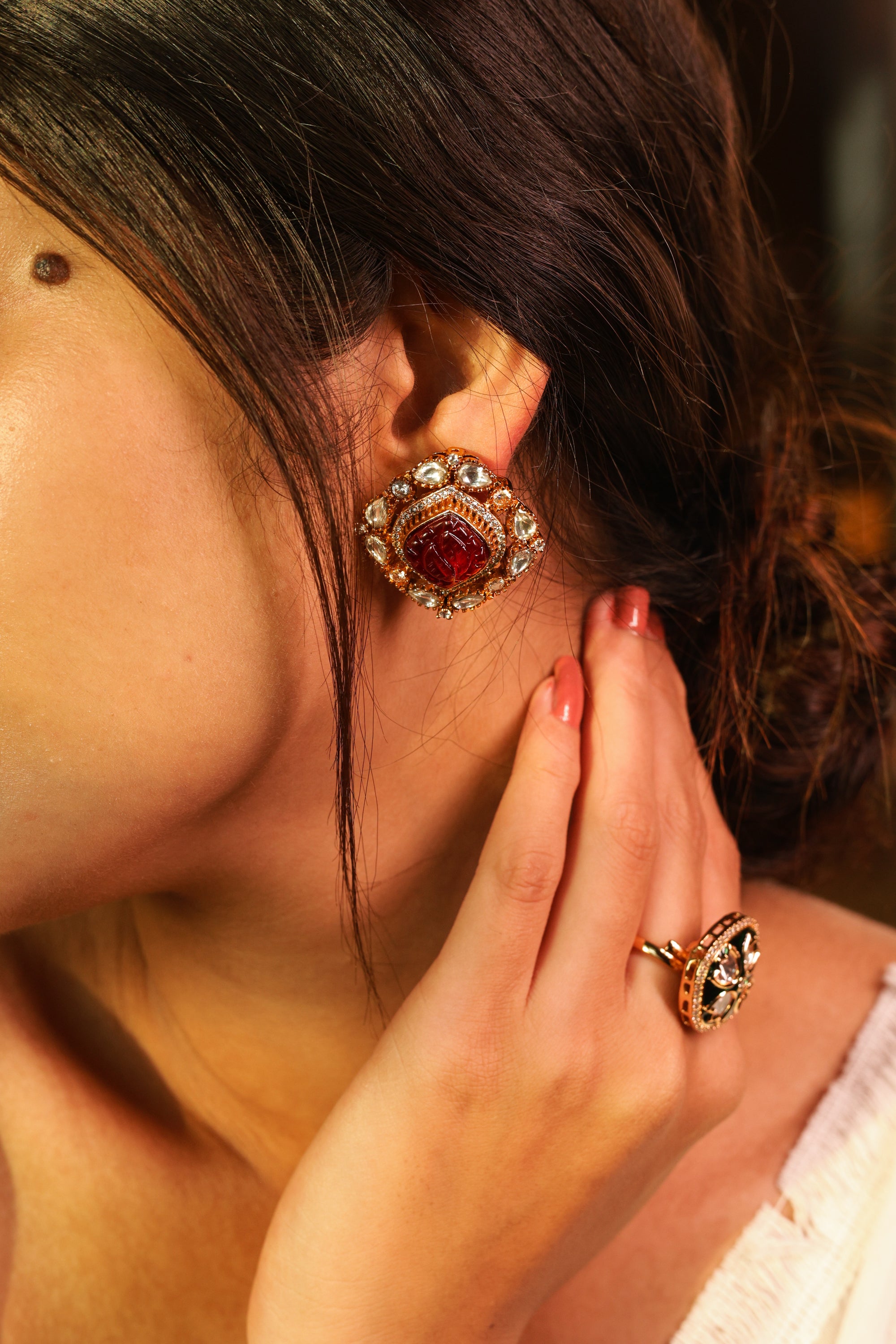 KAVYA DOUBLET STONE STUDS RED - LittleJuels
