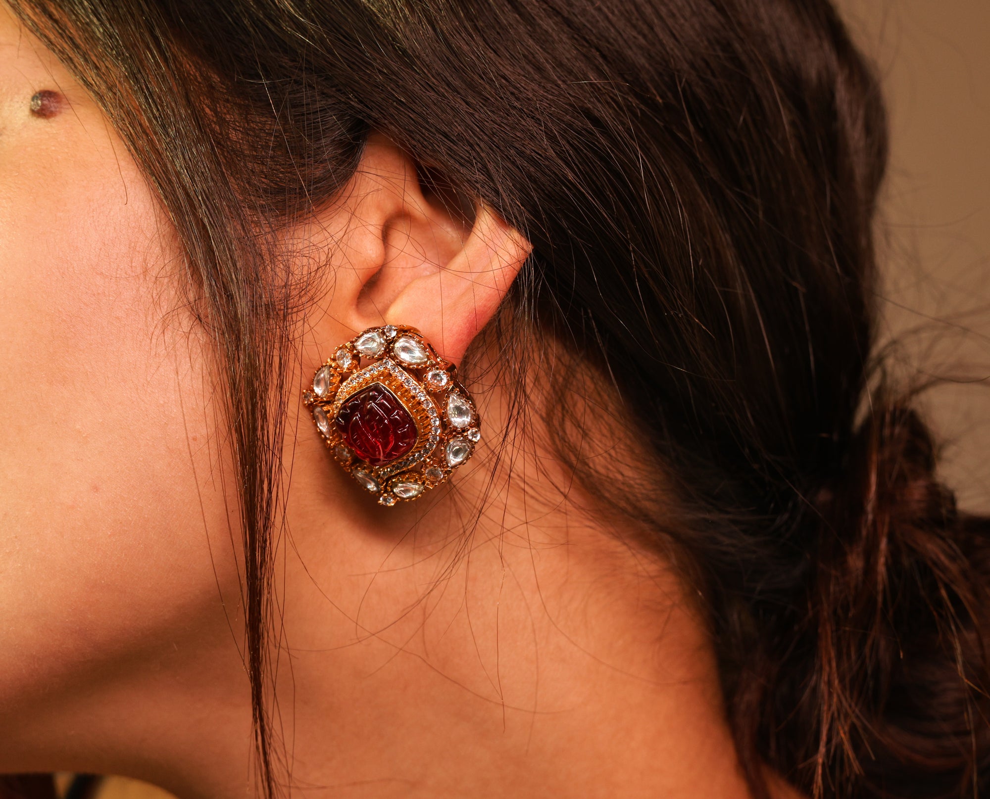 KAVYA DOUBLET STONE STUDS RED - LittleJuels